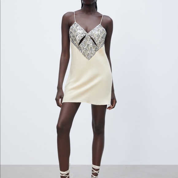 ZARA SATIN MINI DRESS BEIGE-PINK STRAPPY V-NECK - Picture 13 of 13